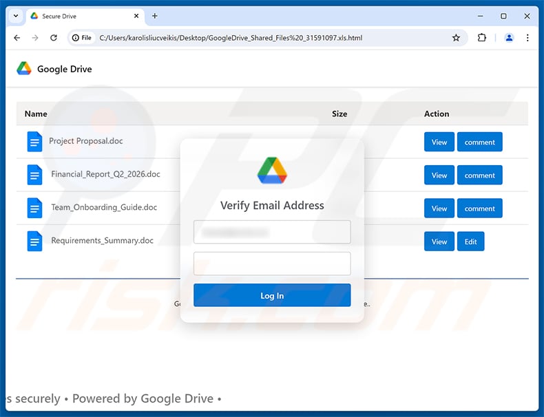 Files Shared Using Google Drive Workspace Email Scam phishing page