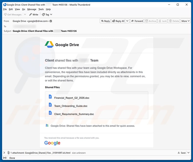 Files Shared Using Google Drive Workspace Email Scam email spam campaign