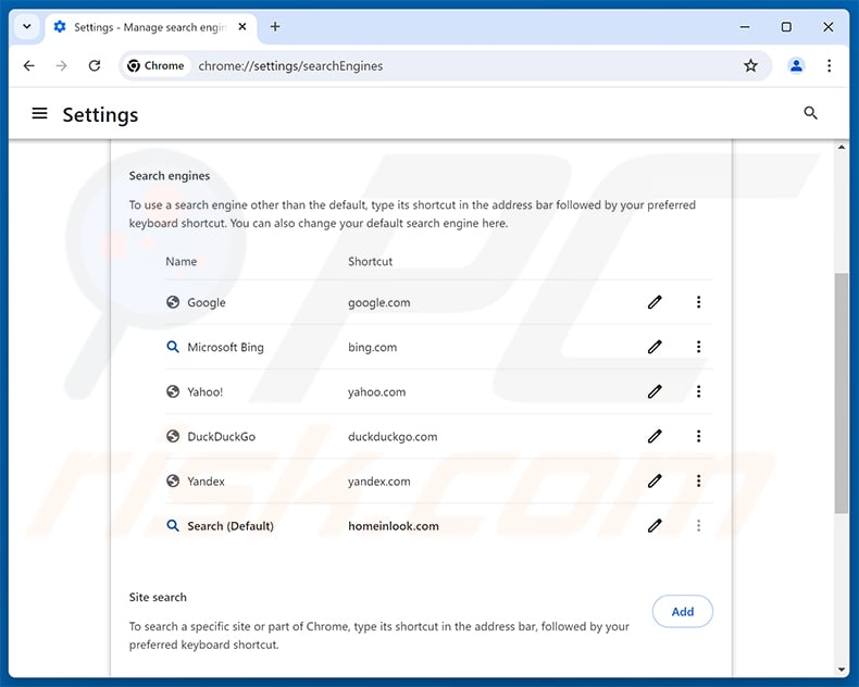 Removing homeinlook.com from Google Chrome default search engine