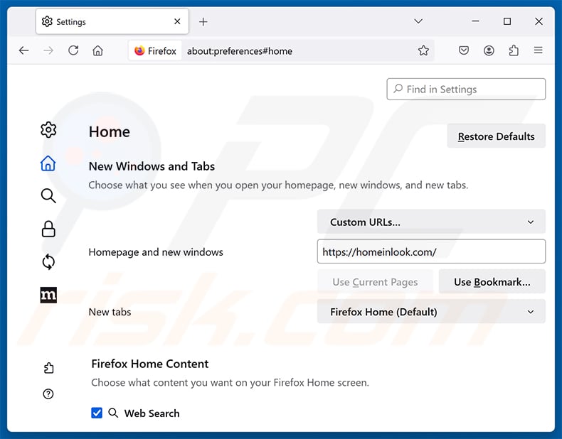 Removing homeinlook.com from Mozilla Firefox homepage