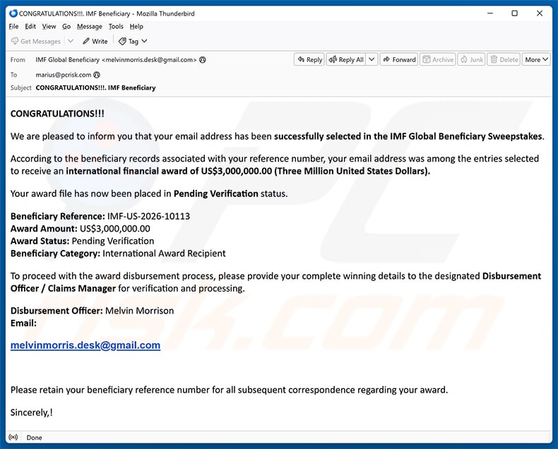 IMF Global Beneficiary Sweepstakes email spam campaign