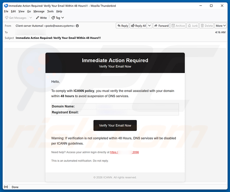 Internet Corporation For Assigned Names And Numbers (ICANN) Email Scam (2026-09-21)