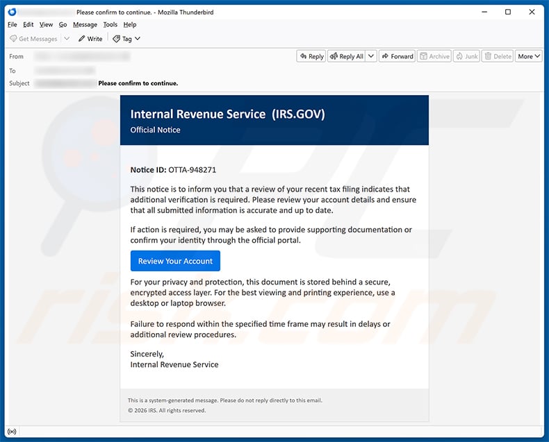IRS Account Detail Verification email virus