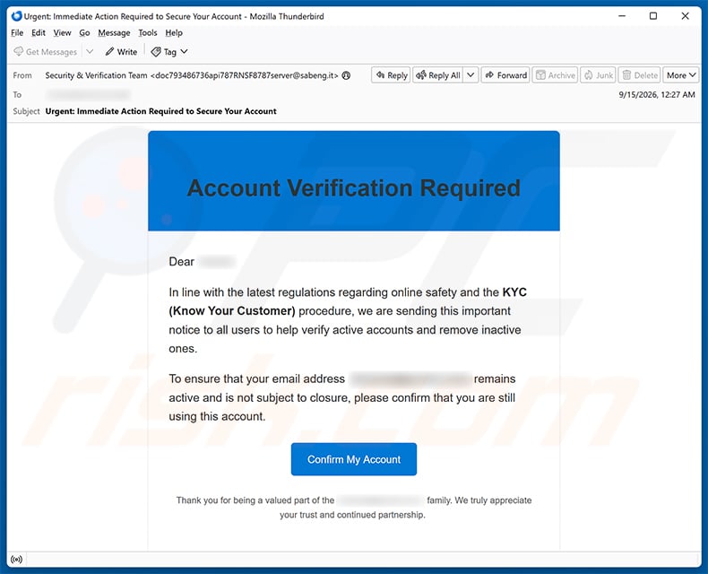KYC (Know Your Customer) Verification Email Scam (2026-09-16)