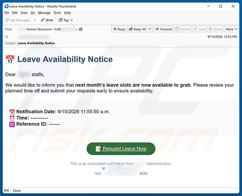 Leave Availability Notice email spam campaign