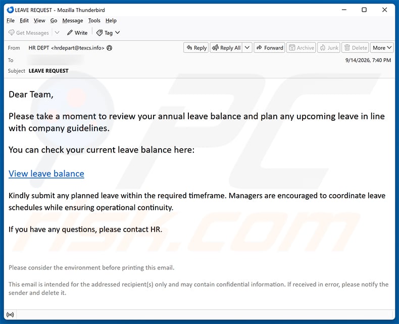 Leave Balance Review Email Scam (2026-09-16)