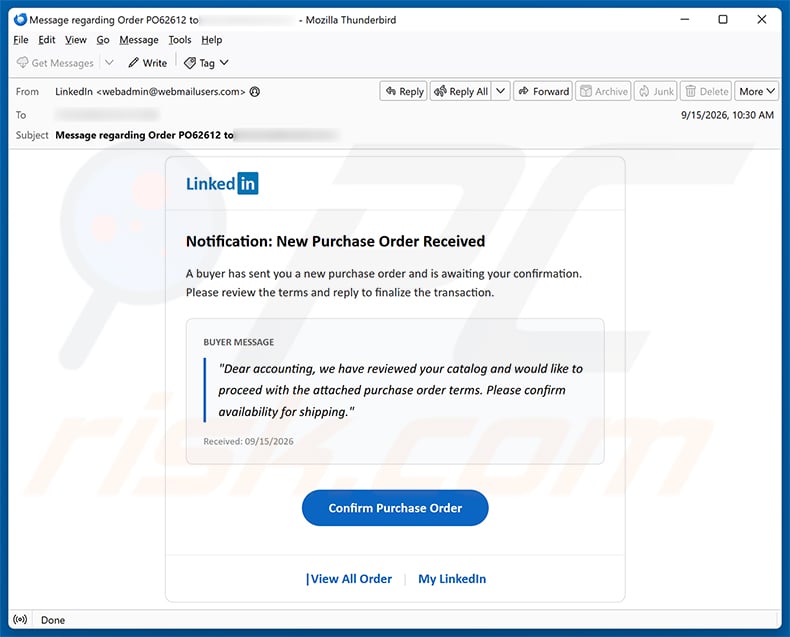 LinkedIn - New Purchase Order Email Scam email spam campaign