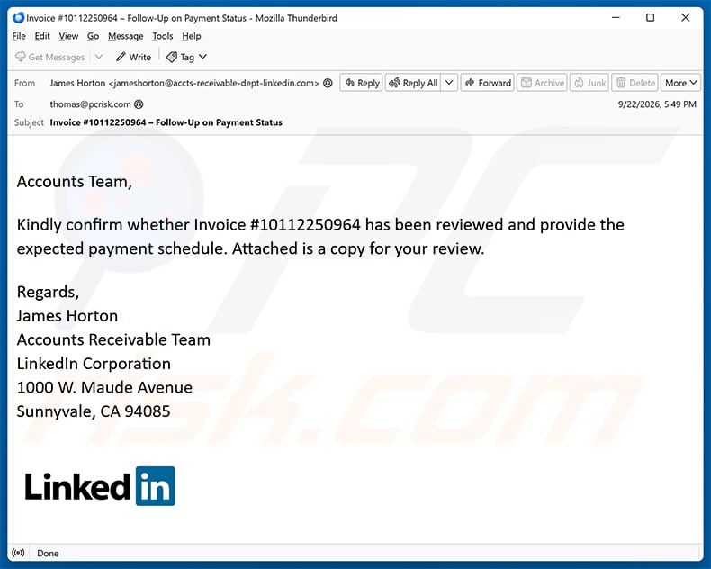 LinkedIn - Outstanding Invoice email scam (2026-09-23)