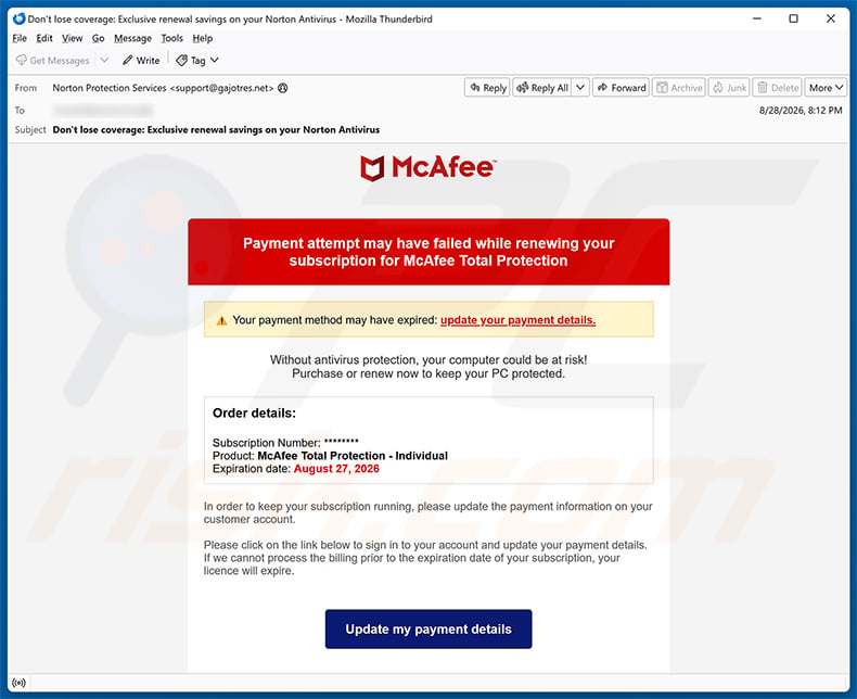 McAfee - Payment Method Expired Email Scam email spam campaign