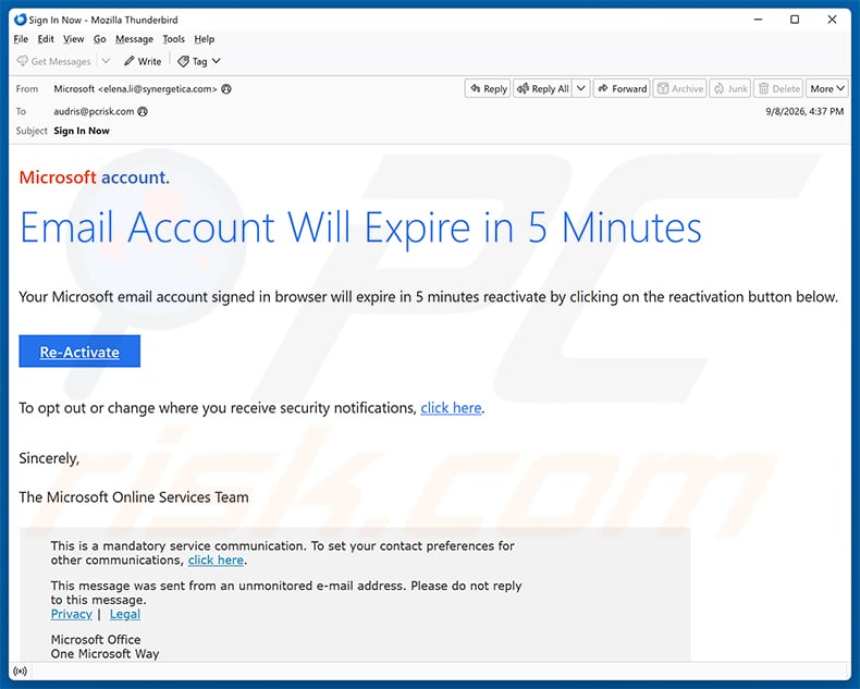 Microsoft Office 365 Email Account Will Expire scam (2026-09-10)