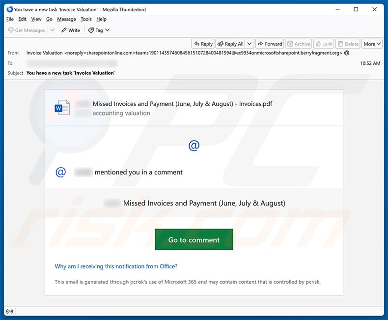 Missed Invoices And Payment email spam campaign