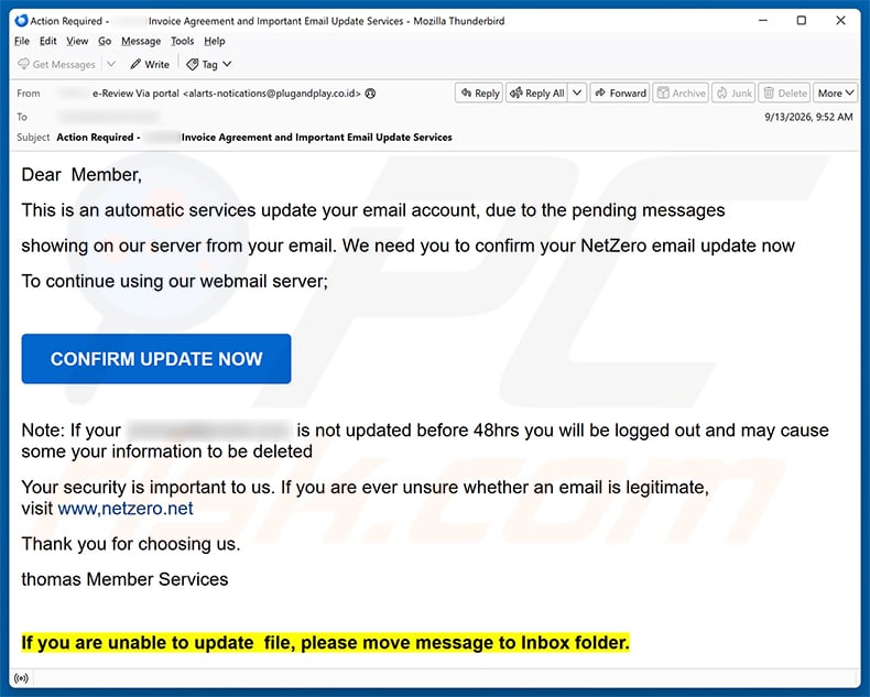 NetZero Email Update Scam email spam campaign