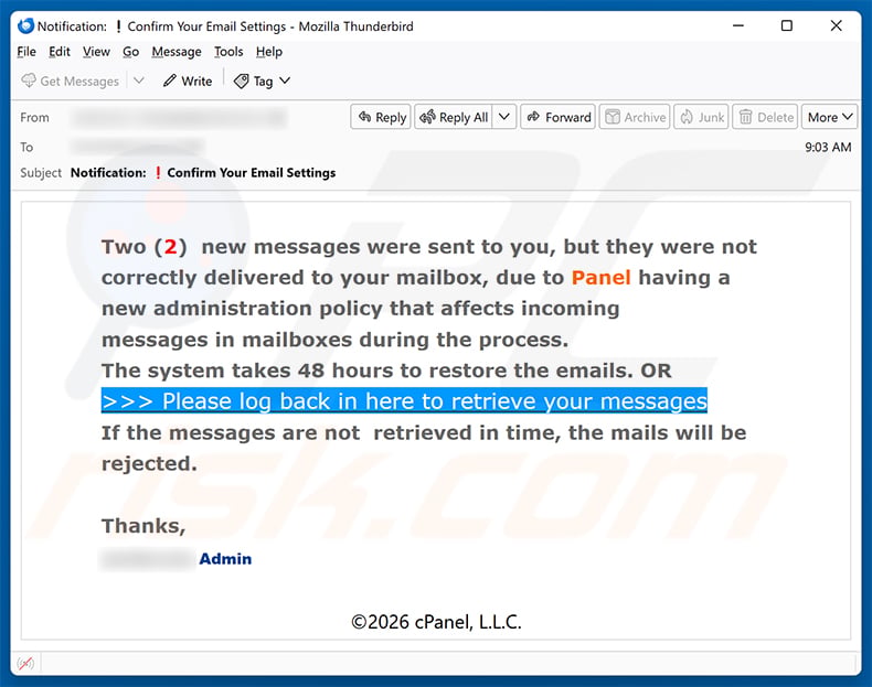 New cPanel Administration Policy Email Scam email spam campaign