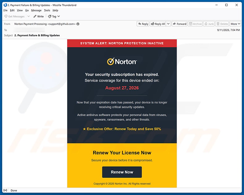 Norton Subscription Has Expired email scam (2026-09-14)