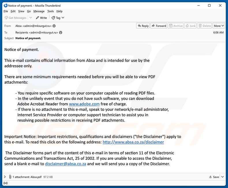 Notice Of Payment Email Virus spam campaign