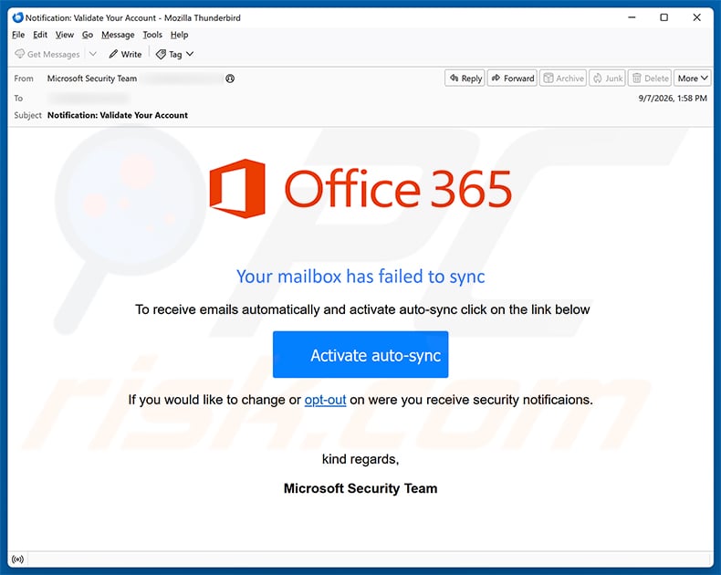 Office 365 - Your Mailbox Has Failed To Sync email spam campaign