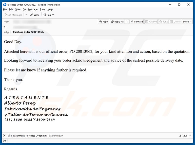 Official Purchase Order email spam campaign