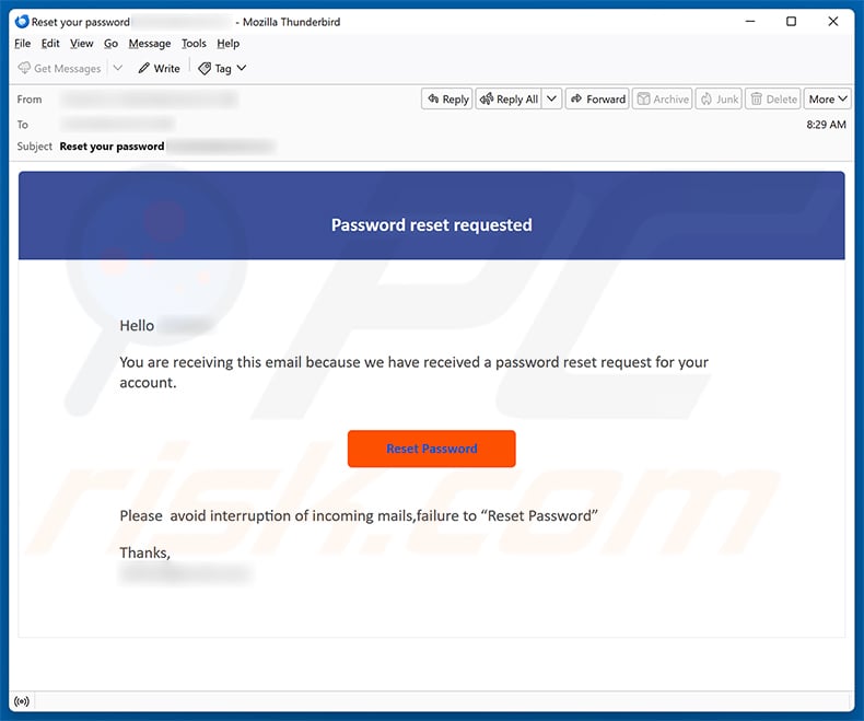 Password Reset Request Email Scam email spam campaign