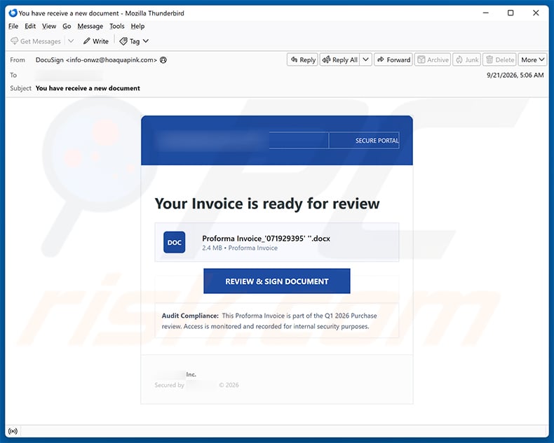 Payment Proforma Invoice / Contract Email Scam (2026-09-22)