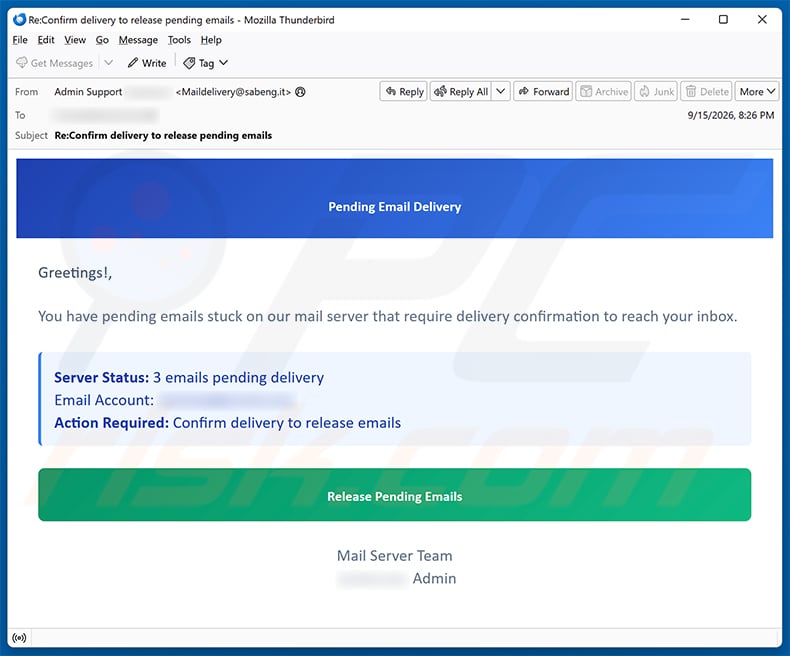 Pending Email Release scam (2026-09-16)