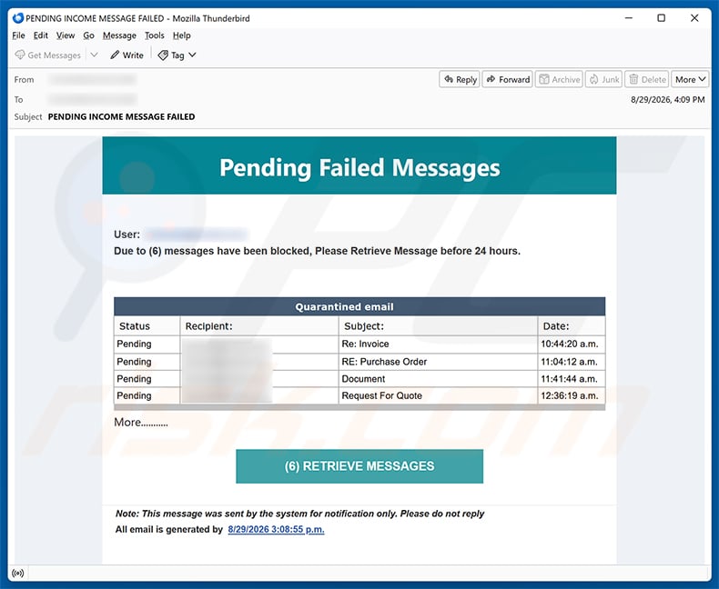 Pending Failed Messages email spam campaign