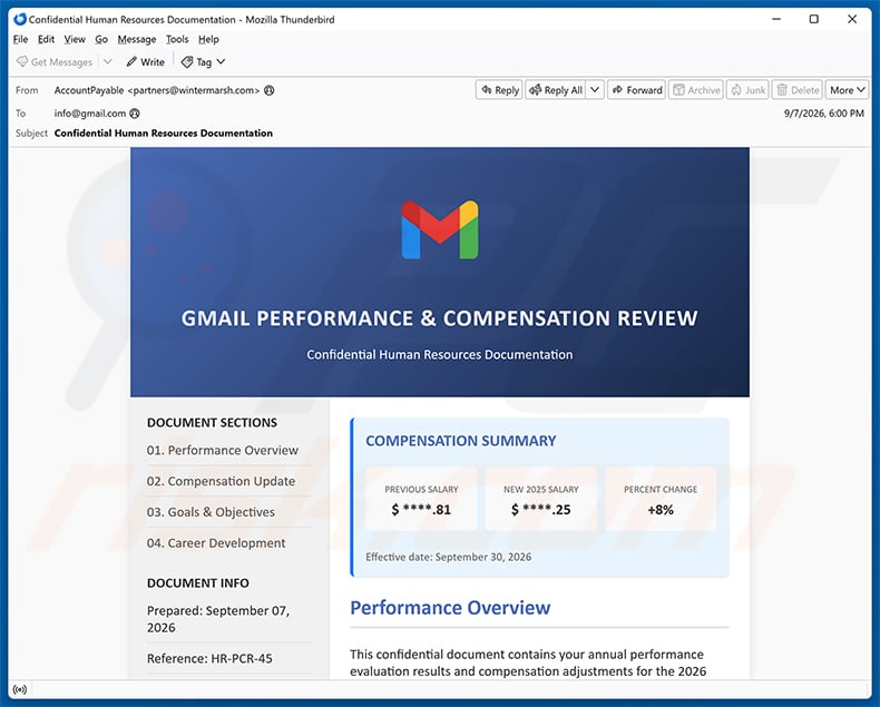 Performance & Compensation Review Email Scam email spam campaign