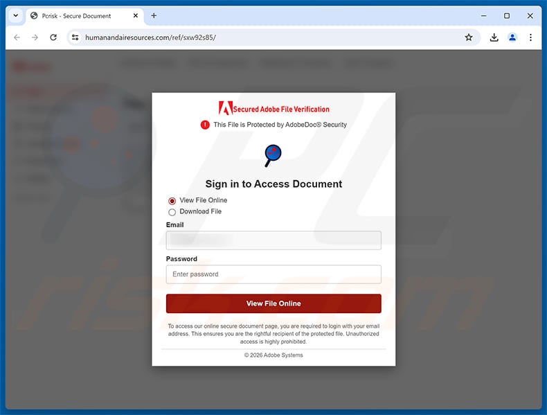 Performance & Compensation Review Email Scam phishing page
