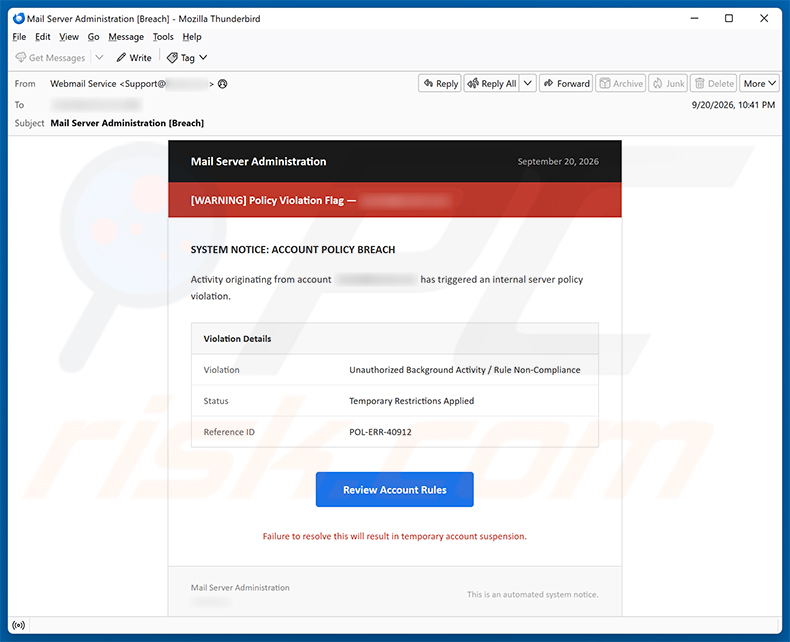 Policy Violation Detected email scam (2026-09-21)