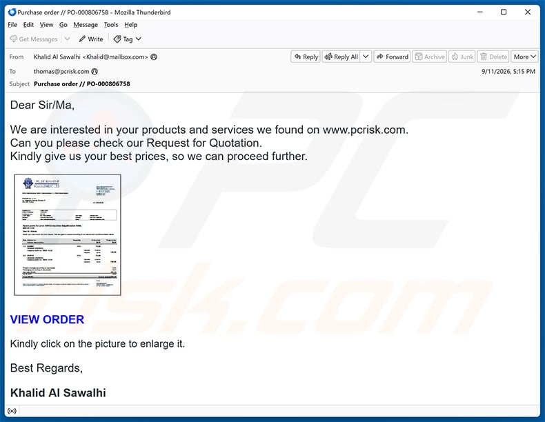Price Quotation Request email scam (2026-09-14)