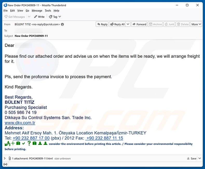 Purchase Order And Proforma Invoice Confirmation email scam (2026-09-16)