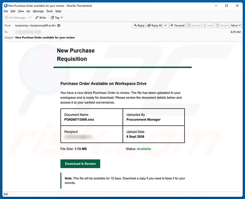 Purchase Order Available On Workspace Drive email spam campaign