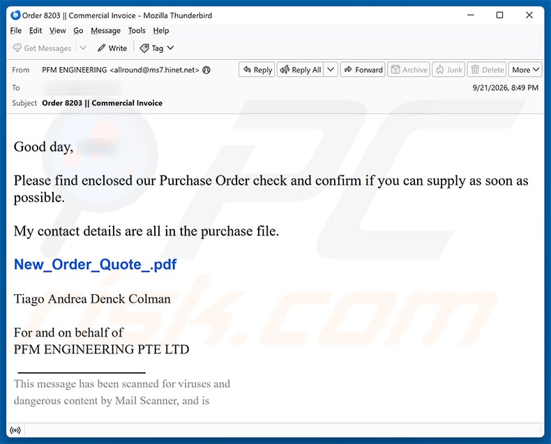 Purchase Order (PO) Confirmation Email Scam (2026-09-22)