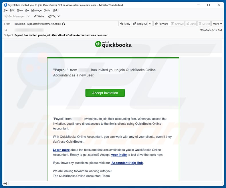 QuickBooks Online Accountant Invitation Email Scam email spam campaign