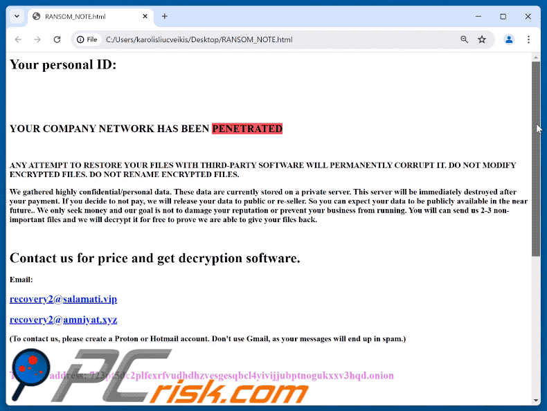 Regulus ransomware ransom note (RANSOM_NOTE.html)