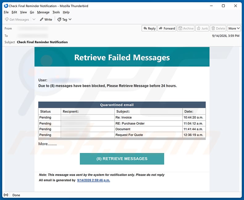 Retrieve Failed Messages Email Scam email spam campaign