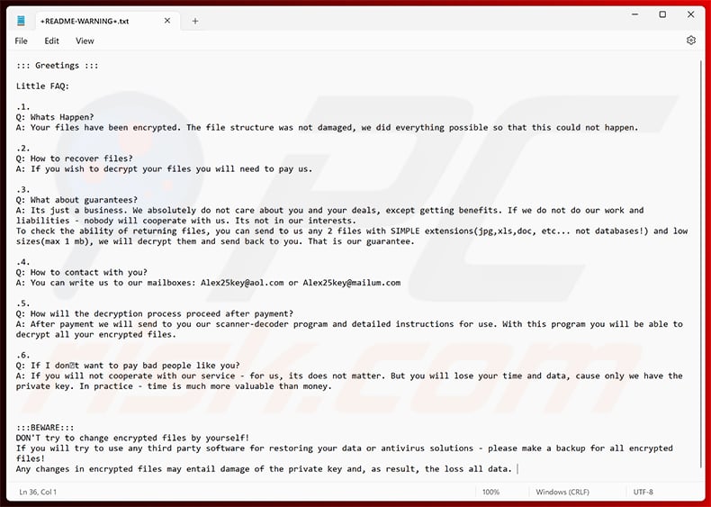 RIED Ransomware ransom note (+README-WARNING+.txt)