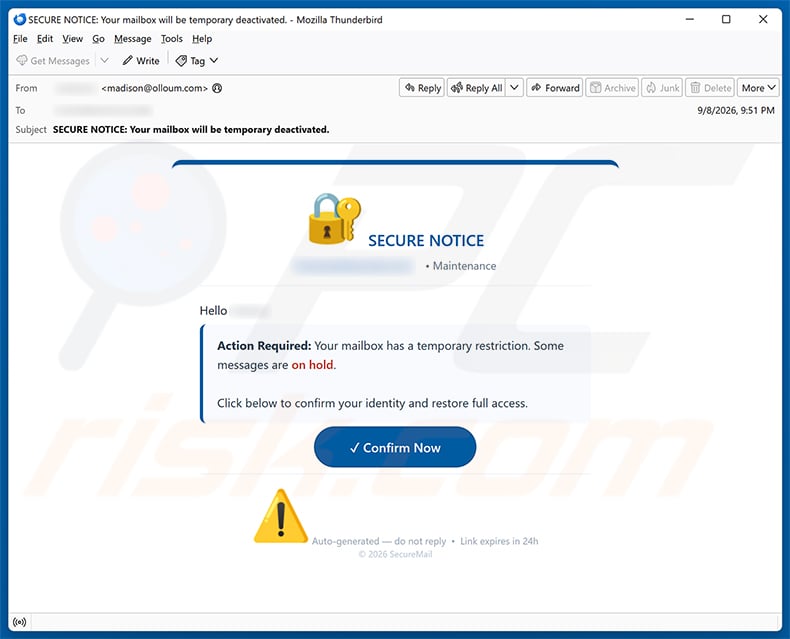 Secure Notice - Mailbox Has A temporary Restriction Email Scam email spam campaign