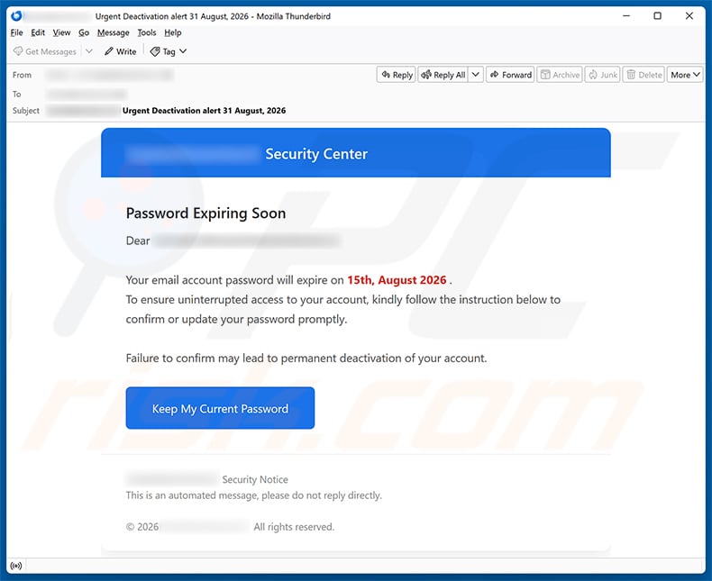 Security Center - Password Expiring Soon email spam campaign