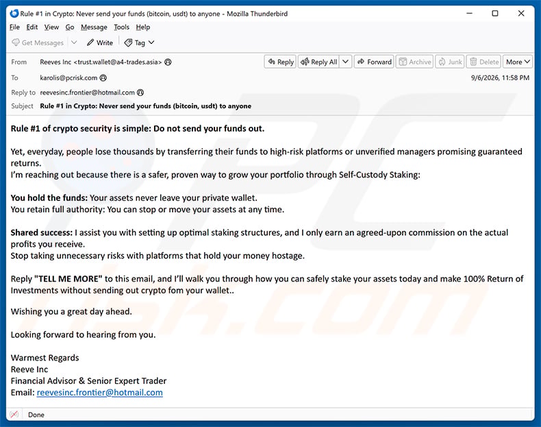 Self-Custody Crypto Staking email spam campaign