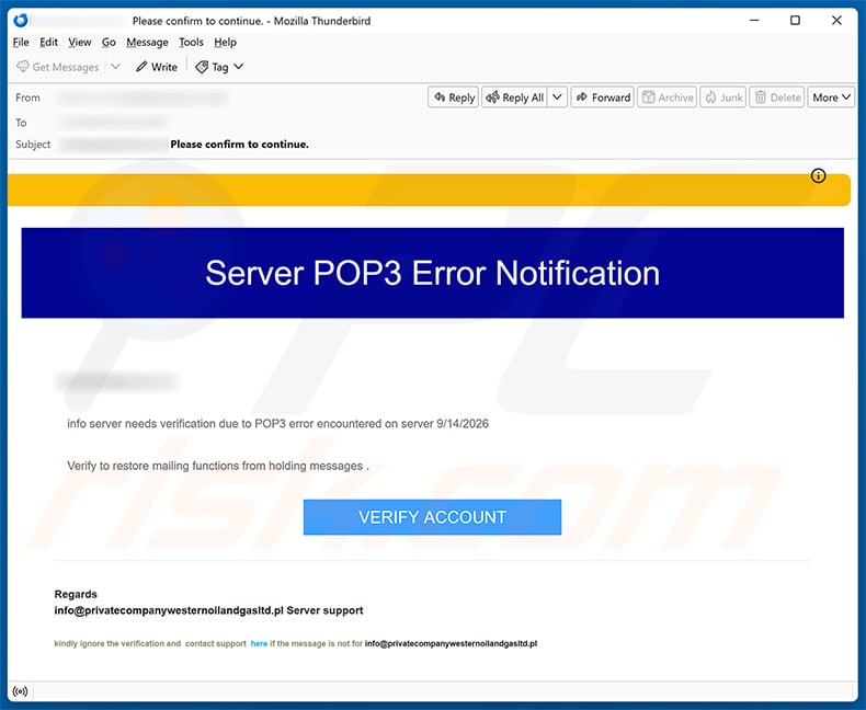 Server POP3 Error Notification email spam campaign