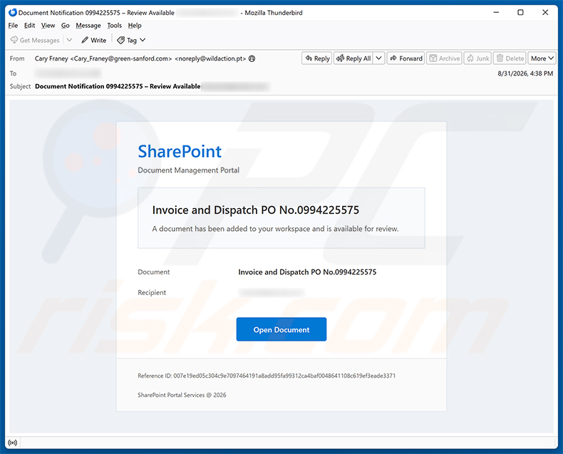 SharePoint - Document Added To Your Workspace scam email (2026-09-01)