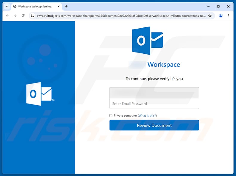 Fake Outlook website promoted via Document Added To Your Workspace Email Scam (2026-09-03)