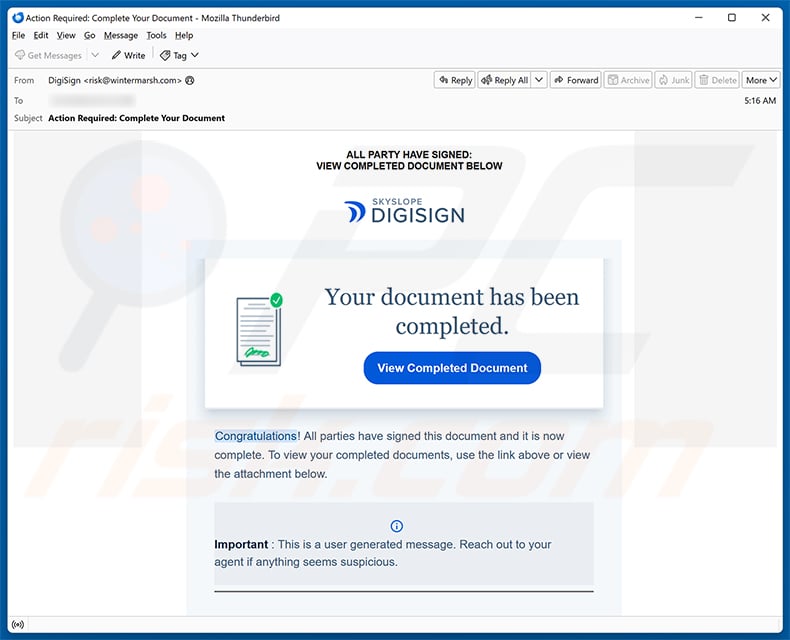 SkySlope DigiSign - Your Document Has Been Completed email spam campaign