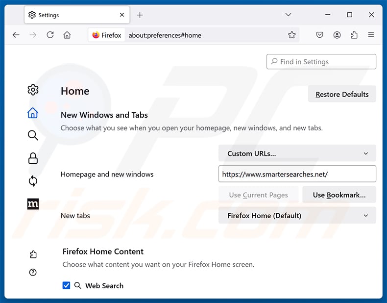 Removing Smart Search (smartersearches.net) from Mozilla Firefox homepage