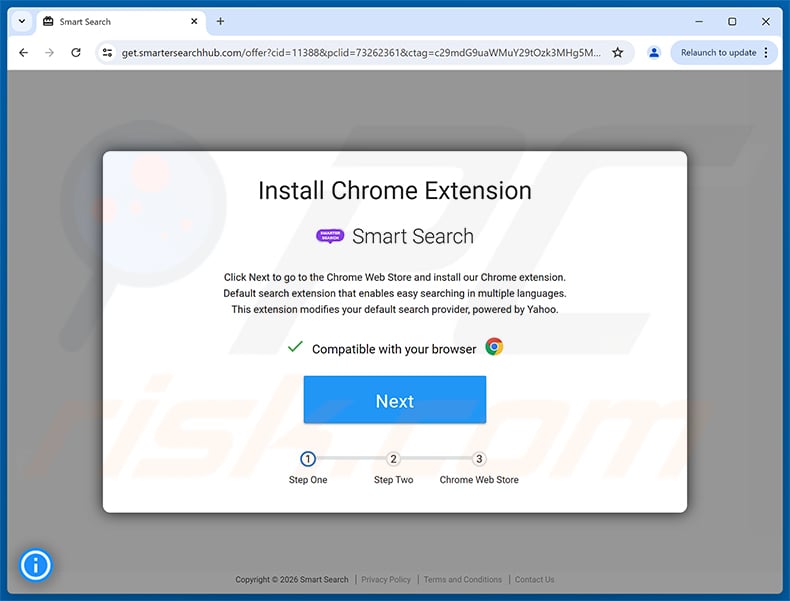 Deceptive website promoting Smart Search (smartersearches.net) browser hijacker