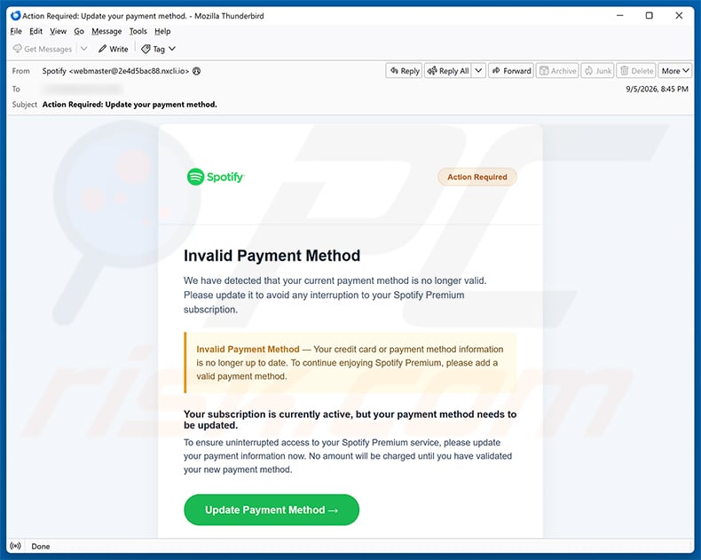 Spotify - Invalid Payment Method Email Scam email spam campaign
