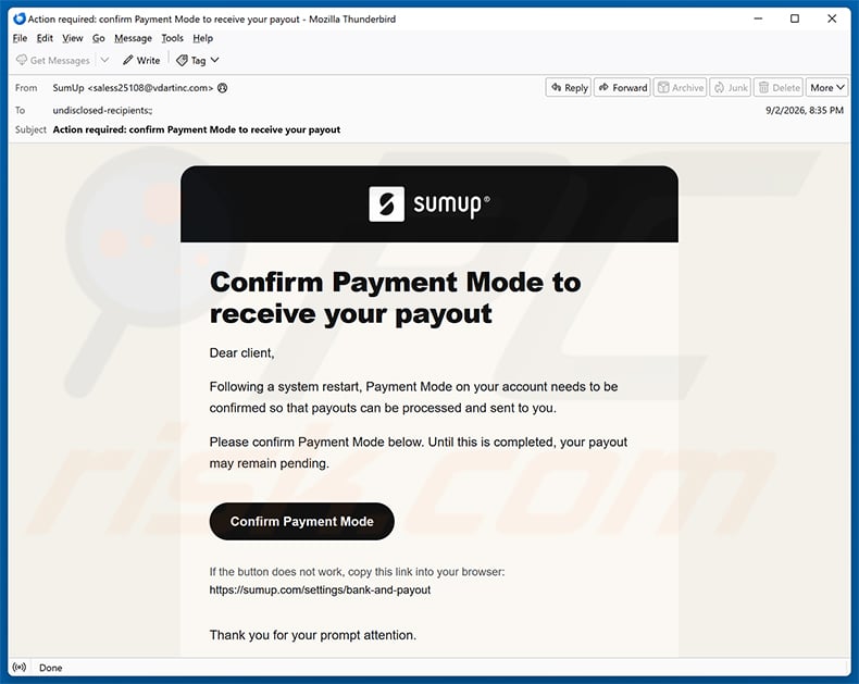 SumUp Payment Mode Confirmation Email Scam spam campaign