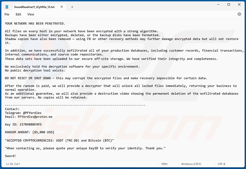 Sword ransomware ransom note (SwordReadme!!![random_string].txt)