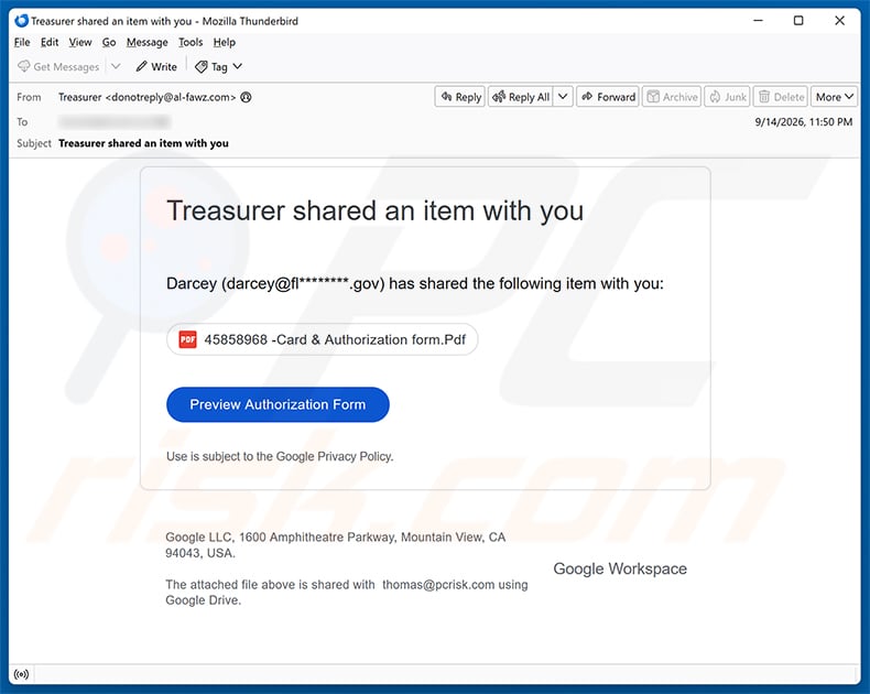 Treasurer Shared An Item email spam campaign