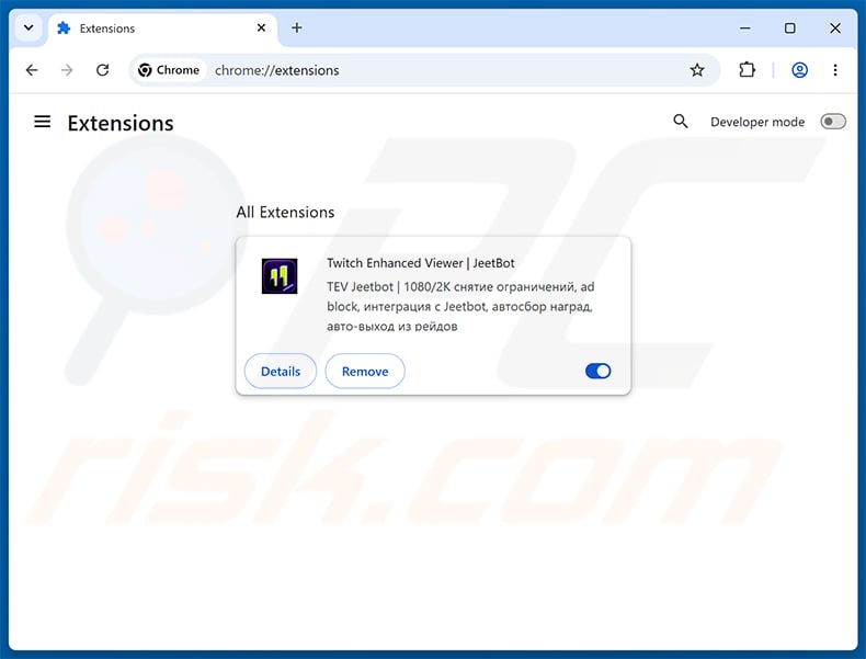 Removing Twitch Enhanced Viewer | JeetBot Malicious Extension from Google Chrome step 2